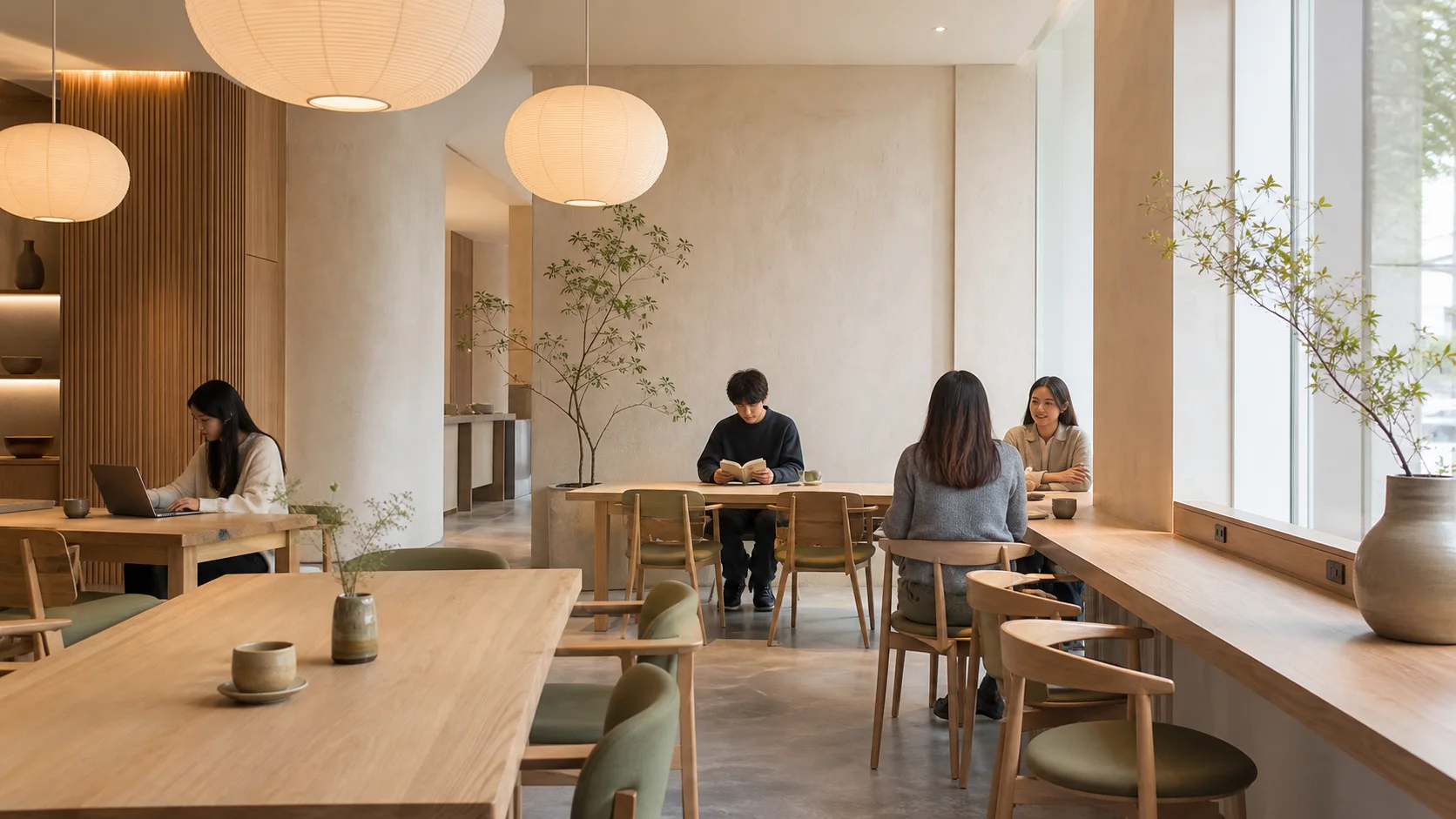 Warm minimalist GreenMatch café interior with quiet seating and guests working, reading, and talking